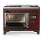 ILVE Majestic III 48-Inch Dual Fuel Range with 5 Sealed Burners + Griddle + French Top, 5.02 cu. ft. Oven, Burgundy with Burnished Trim, Natural Gas, Triple Glass Door, UM48FNR3BUB