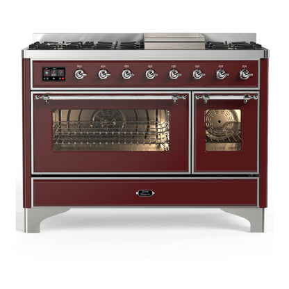 ILVE Majestic III 48-Inch Dual Fuel Range with 5 Sealed Burners + Griddle + French Top, 5.02 cu. ft. Oven, Burgundy with Chrome Trim, Liquid Propane, Triple Glass Door, UM48FNR3BUCLP