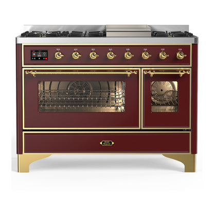 ILVE Majestic III 48-Inch Dual Fuel Range with 5 Sealed Burners + Griddle + French Top, 5.02 cu. ft. Oven, Burgundy with Brass Trim, Liquid Propane, Triple Glass Door, UM48FNR3BUGLP