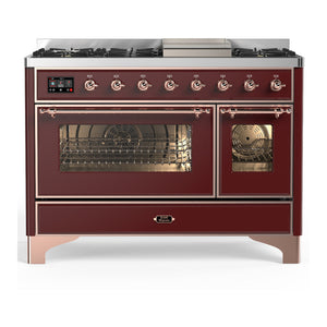 ILVE Majestic III 48-Inch Dual Fuel Range with 5 Sealed Burners + Griddle + French Top, 5.02 cu. ft. Oven, Burgundy with Copper Trim, Liquid Propane, Triple Glass Door, UM48FNR3BUPLP
