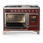 ILVE Majestic III 48-Inch Dual Fuel Range with 5 Sealed Burners + Griddle + French Top, 5.02 cu. ft. Oven, Burgundy with Copper Trim, Liquid Propane, Triple Glass Door, UM48FNR3BUPLP