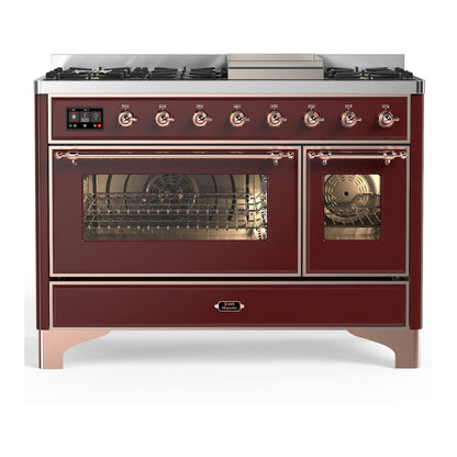 ILVE Majestic III 48-Inch Dual Fuel Range with 5 Sealed Burners + Griddle + French Top, 5.02 cu. ft. Oven, Burgundy with Copper Trim, Natural Gas, Triple Glass Door, UM48FNR3BUP