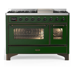 ILVE Majestic III 48-Inch Dual Fuel Range with 5 Sealed Burners + Griddle + French Top, 5.02 cu. ft. Oven, Emerald Green with Burnished Trim, Natural Gas, Triple Glass Door, UM48FNR3EGB