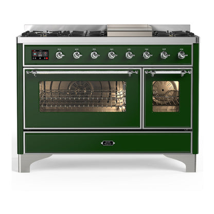 ILVE Majestic III 48-Inch Dual Fuel Range with 5 Sealed Burners + Griddle + French Top, 5.02 cu. ft. Oven, Emerald Green with Chrome Trim, Liquid Propane, Triple Glass Door, UM48FNR3EGCLP