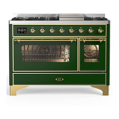 ILVE Majestic III 48-Inch Dual Fuel Range with 5 Sealed Burners + Griddle + French Top, 5.02 cu. ft. Oven, Emerald Green with Brass Trim, Liquid Propane, Triple Glass Door, UM48FNR3EGGLP