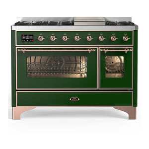 ILVE Majestic III 48-Inch Dual Fuel Range with 5 Sealed Burners + Griddle + French Top, 5.02 cu. ft. Oven, Emerald Green with Copper Trim, Natural Gas, Triple Glass Door, UM48FNR3EGP