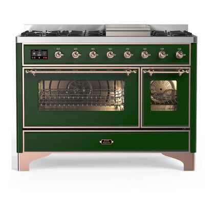 ILVE Majestic III 48-Inch Dual Fuel Range with 5 Sealed Burners + Griddle + French Top, 5.02 cu. ft. Oven, Emerald Green with Copper Trim, Natural Gas, Triple Glass Door, UM48FNR3EGP