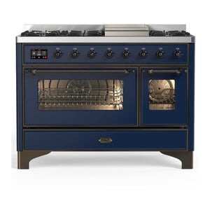 ILVE Majestic III 48-Inch Dual Fuel Range with 5 Sealed Burners + Griddle + French Top, 5.02 cu. ft. Oven, Mightnight Blue with Burnished Trim, Liquid Propane, Triple Glass Door, UM48FNR3MBBLP