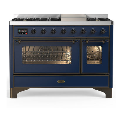 ILVE Majestic III 48-Inch Dual Fuel Range with 5 Sealed Burners + Griddle + French Top, 5.02 cu. ft. Oven, Mightnight Blue with Burnished Trim, Liquid Propane, Triple Glass Door, UM48FNR3MBBLP