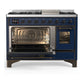 ILVE Majestic III 48-Inch Dual Fuel Range with 5 Sealed Burners + Griddle + French Top, 5.02 cu. ft. Oven, Mightnight Blue with Burnished Trim, Natural Gas, Triple Glass Door, UM48FNR3MBB