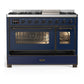 ILVE Majestic III 48-Inch Dual Fuel Range with 5 Sealed Burners + Griddle + French Top, 5.02 cu. ft. Oven, Mightnight Blue with Burnished Trim, Natural Gas, Triple Glass Door, UM48FNR3MBB