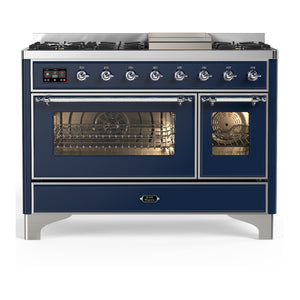 ILVE Majestic III 48-Inch Dual Fuel Range with 5 Sealed Burners + Griddle + French Top, 5.02 cu. ft. Oven, Mightnight Blue with Chrome Trim, Natural Gas, Triple Glass Door, UM48FNR3MBC
