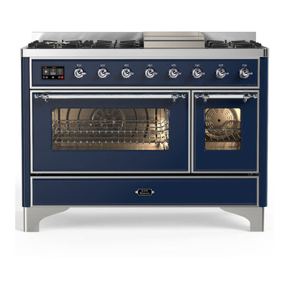 ILVE Majestic III 48-Inch Dual Fuel Range with 5 Sealed Burners + Griddle + French Top, 5.02 cu. ft. Oven, Mightnight Blue with Chrome Trim, Natural Gas, Triple Glass Door, UM48FNR3MBC