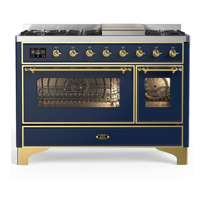 ILVE Majestic III 48-Inch Dual Fuel Range with 5 Sealed Burners + Griddle + French Top, 5.02 cu. ft. Oven, Mightnight Blue with Brass Trim, Liquid Propane, Triple Glass Door, UM48FNR3MBGLP