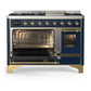 ILVE Majestic III 48-Inch Dual Fuel Range with 5 Sealed Burners + Griddle + French Top, 5.02 cu. ft. Oven, Mightnight Blue with Brass Trim, Liquid Propane, Triple Glass Door, UM48FNR3MBGLP