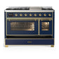 ILVE Majestic III 48-Inch Dual Fuel Range with 5 Sealed Burners + Griddle + French Top, 5.02 cu. ft. Oven, Mightnight Blue with Brass Trim, Liquid Propane, Triple Glass Door, UM48FNR3MBGLP