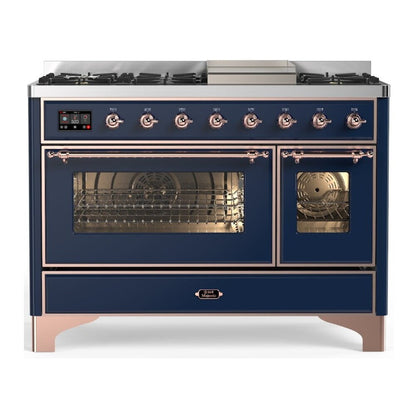 ILVE Majestic III 48-Inch Dual Fuel Range with 5 Sealed Burners + Griddle + French Top, 5.02 cu. ft. Oven, Mightnight Blue with Copper Trim, Liquid Propane, Triple Glass Door, UM48FNR3MBPLP