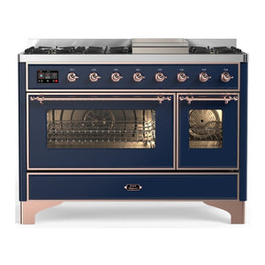 ILVE Majestic III 48-Inch Dual Fuel Range with 5 Sealed Burners + Griddle + French Top, 5.02 cu. ft. Oven, Mightnight Blue with Copper Trim, Natural Gas, Triple Glass Door, UM48FNR3MBP
