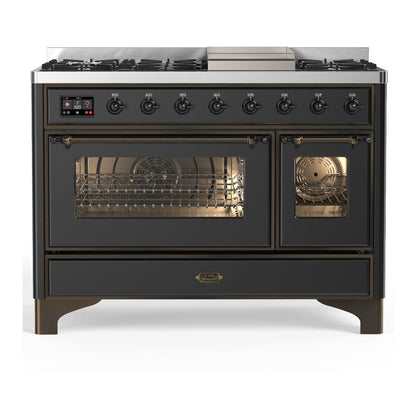 ILVE Majestic III 48-Inch Dual Fuel Range with 5 Sealed Burners + Griddle + French Top, 5.02 cu. ft. Oven, Matte Graphite with Burnished Trim, Liquid Propane, Triple Glass Door, UM48FNR3MGBLP