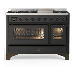 ILVE Majestic III 48-Inch Dual Fuel Range with 5 Sealed Burners + Griddle + French Top, 5.02 cu. ft. Oven, Matte Graphite with Burnished Trim, Natural Gas, Triple Glass Door, UM48FNR3MGB