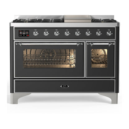 ILVE Majestic III 48-Inch Dual Fuel Range with 5 Sealed Burners + Griddle + French Top, 5.02 cu. ft. Oven, Matte Graphite with Chrome Trim, Liquid Propane, Triple Glass Door, UM48FNR3MGCLP
