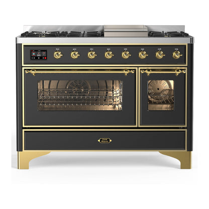 ILVE Majestic III 48-Inch Dual Fuel Range with 5 Sealed Burners + Griddle + French Top, 5.02 cu. ft. Oven, Matte Graphite with Brass Trim, Natural Gas, Triple Glass Door, UM48FNR3MGG