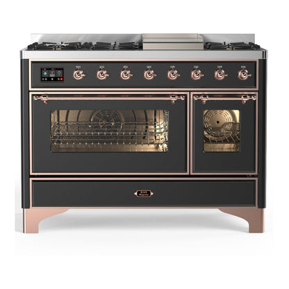 ILVE Majestic III 48-Inch Dual Fuel Range with 5 Sealed Burners + Griddle + French Top, 5.02 cu. ft. Oven, Matte Graphite with Copper Trim, Liquid Propane, Triple Glass Door, UM48FNR3MGPLP