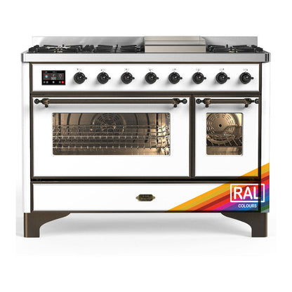 ILVE Majestic III 48-Inch Dual Fuel Range with 5 Sealed Burners + Griddle + French Top, 5.02 cu. ft. Oven, RAL with Burnished Trim, Liquid Propane, Triple Glass Door, UM48FNR3RABLP