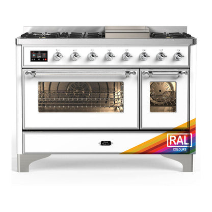 ILVE Majestic III 48-Inch Dual Fuel Range with 5 Sealed Burners + Griddle + French Top, 5.02 cu. ft. Oven, RAL with Chrome Trim, Natural Gas, Triple Glass Door, UM48FNR3RAC