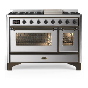 ILVE Majestic III 48-Inch Dual Fuel Range with 5 Sealed Burners + Griddle + French Top, 5.02 cu. ft. Oven, Stainless Steel with Burnished Trim, Natural Gas, Triple Glass Door, UM48FNR3SSB