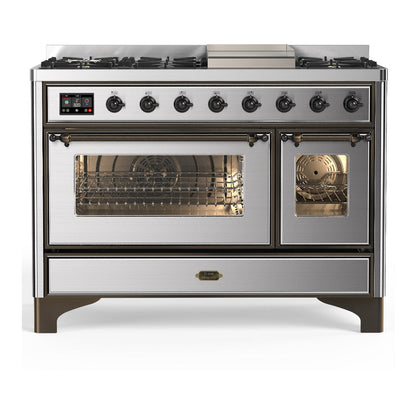 ILVE Majestic III 48-Inch Dual Fuel Range with 5 Sealed Burners + Griddle + French Top, 5.02 cu. ft. Oven, Stainless Steel with Burnished Trim, Natural Gas, Triple Glass Door, UM48FNR3SSB