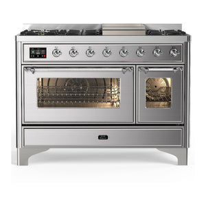 ILVE Majestic III 48-Inch Dual Fuel Range with 5 Sealed Burners + Griddle + French Top, 5.02 cu. ft. Oven, Stainless Steel with Chrome Trim, Natural Gas, Triple Glass Door, UM48FNR3SSC