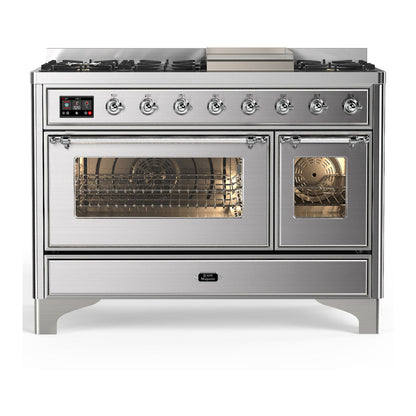 ILVE Majestic III 48-Inch Dual Fuel Range with 5 Sealed Burners + Griddle + French Top, 5.02 cu. ft. Oven, Stainless Steel with Chrome Trim, Natural Gas, Triple Glass Door, UM48FNR3SSC