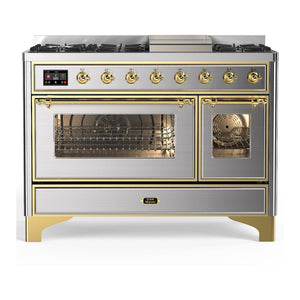 ILVE Majestic III 48-Inch Dual Fuel Range with 5 Sealed Burners + Griddle + French Top, 5.02 cu. ft. Oven, Stainless Steel with Brass Trim, Liquid Propane, Triple Glass Door, UM48FNR3SSGLP