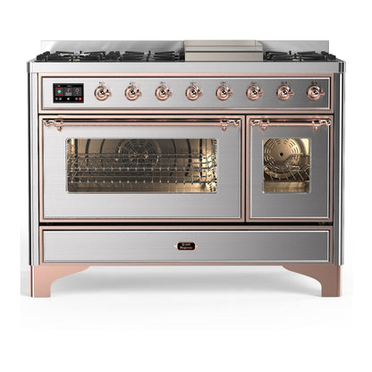 ILVE Majestic III 48-Inch Dual Fuel Range with 5 Sealed Burners + Griddle + French Top, 5.02 cu. ft. Oven, Stainless Steel with Copper Trim, Natural Gas, Triple Glass Door, UM48FNR3SSP