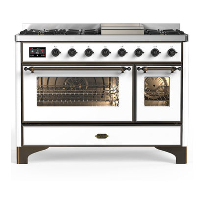 ILVE Majestic III 48-Inch Dual Fuel Range with 5 Sealed Burners + Griddle + French Top, 5.02 cu. ft. Oven, White with Burnished Trim, Liquid Propane, Triple Glass Door, UM48FNR3WHBLP