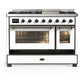 ILVE Majestic III 48-Inch Dual Fuel Range with 5 Sealed Burners + Griddle + French Top, 5.02 cu. ft. Oven, White with Burnished Trim, Liquid Propane, Triple Glass Door, UM48FNR3WHBLP
