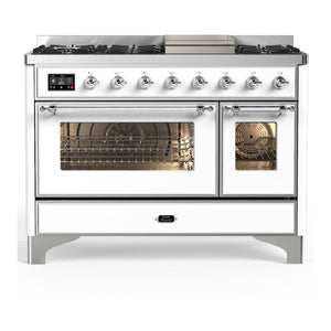 ILVE Majestic III 48-Inch Dual Fuel Range with 5 Sealed Burners + Griddle + French Top, 5.02 cu. ft. Oven, White with Chrome Trim, Liquid Propane, Triple Glass Door, UM48FNR3WHCLP