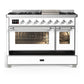 ILVE Majestic III 48-Inch Dual Fuel Range with 5 Sealed Burners + Griddle + French Top, 5.02 cu. ft. Oven, White with Chrome Trim, Natural Gas, Triple Glass Door, UM48FNR3WHC
