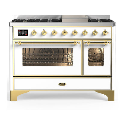 ILVE Majestic III 48-Inch Dual Fuel Range with 5 Sealed Burners + Griddle + French Top, 5.02 cu. ft. Oven, White with Brass Trim, Liquid Propane, Triple Glass Door, UM48FNR3WHGLP