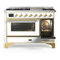 ILVE Majestic III 48-Inch Dual Fuel Range with 5 Sealed Burners + Griddle + French Top, 5.02 cu. ft. Oven, White with Brass Trim, Liquid Propane, Triple Glass Door, UM48FNR3WHGLP