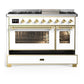 ILVE Majestic III 48-Inch Dual Fuel Range with 5 Sealed Burners + Griddle + French Top, 5.02 cu. ft. Oven, White with Brass Trim, Natural Gas, Triple Glass Door, UM48FNR3WHG