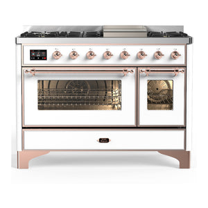 ILVE Majestic III 48-Inch Dual Fuel Range with 5 Sealed Burners + Griddle + French Top, 5.02 cu. ft. Oven, White with Copper Trim, Liquid Propane, Triple Glass Door, UM48FNR3WHPLP