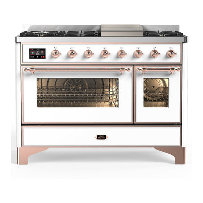 ILVE Majestic III 48-Inch Dual Fuel Range with 5 Sealed Burners + Griddle + French Top, 5.02 cu. ft. Oven, White with Copper Trim, Liquid Propane, Triple Glass Door, UM48FNR3WHPLP