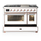 ILVE Majestic III 48-Inch Dual Fuel Range with 5 Sealed Burners + Griddle + French Top, 5.02 cu. ft. Oven, White with Copper Trim, Natural Gas, Triple Glass Door, UM48FNR3WHP