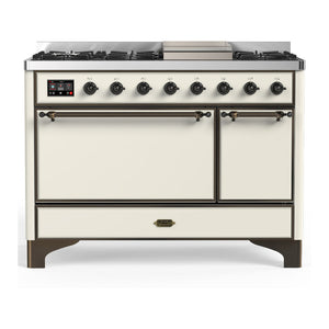 ILVE Majestic III 48-Inch Dual Fuel Range with 5 Sealed Burners + Griddle + French Top, 5.02 cu. ft. Oven, Antique White with Burnished Trim, Liquid Propane, Solid Door, UM48FQNR3AWBLP