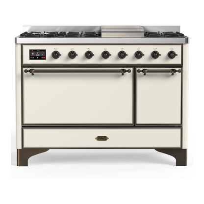 ILVE Majestic III 48-Inch Dual Fuel Range with 5 Sealed Burners + Griddle + French Top, 5.02 cu. ft. Oven, Antique White with Burnished Trim, Natural Gas, Solid Door, UM48FQNR3AWB