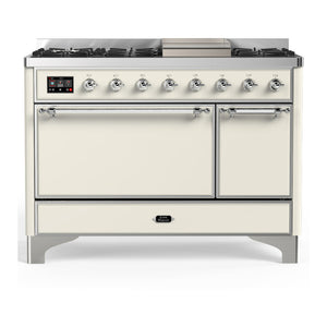 ILVE Majestic III 48-Inch Dual Fuel Range with 5 Sealed Burners + Griddle + French Top, 5.02 cu. ft. Oven, Antique White with Chrome Trim, Liquid Propane, Solid Door, UM48FQNR3AWCLP