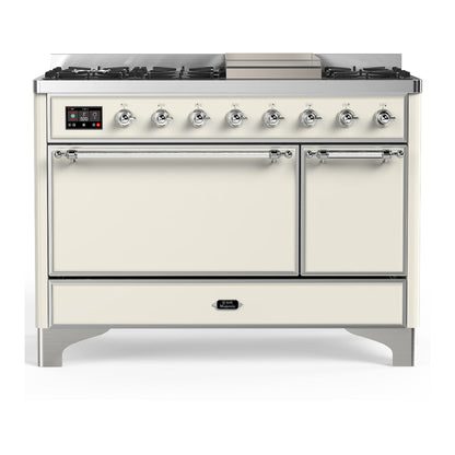 ILVE Majestic III 48-Inch Dual Fuel Range with 5 Sealed Burners + Griddle + French Top, 5.02 cu. ft. Oven, Antique White with Chrome Trim, Natural Gas, Solid Door, UM48FQNR3AWC