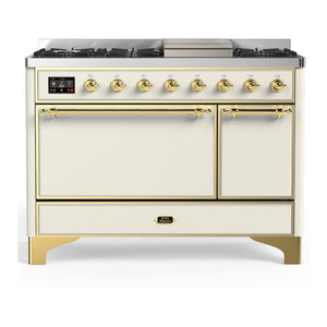 ILVE Majestic III 48-Inch Dual Fuel Range with 5 Sealed Burners + Griddle + French Top, 5.02 cu. ft. Oven, Antique White with Brass Trim, Liquid Propane, Solid Door, UM48FQNR3AWGLP